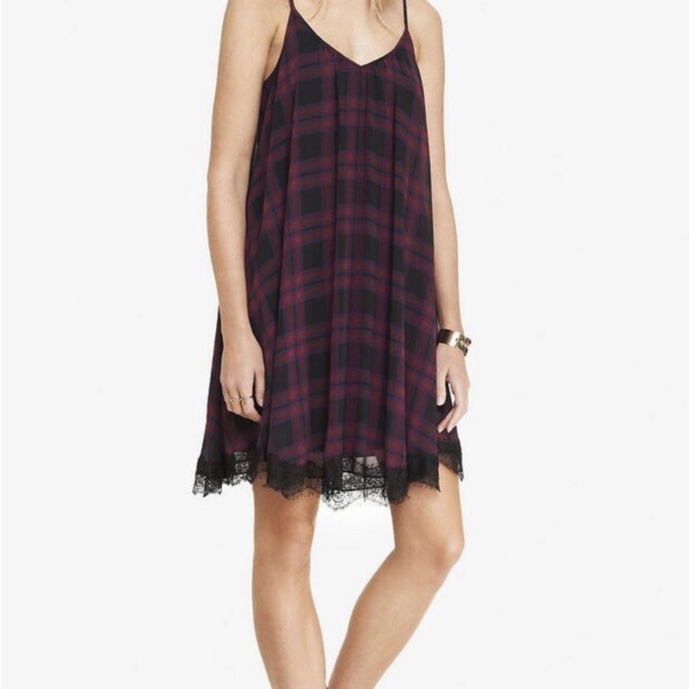 Express Black and Pink Plaid Chemise with Lace Trim